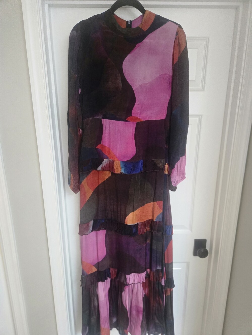 Oliphant Abstract Colorblock Tiered Ruffle Dress (Size Medium)